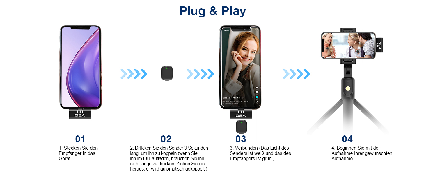 Беспроводной петличный микрофон OSA для iPhone & iPad с шумоподавлением, Lightning, Plug & Play, для интервью, видеоблогинга, YouTube