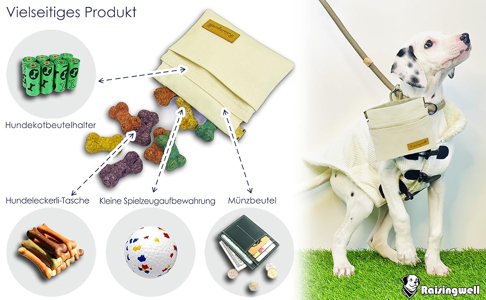 Сумка для корму для собак Leckerlibeutel – міцна бавовняна сумка для прогулянок з карабіном та самозакривною застібкою, ідеальна для подорожей та активного відпочинку (біла)