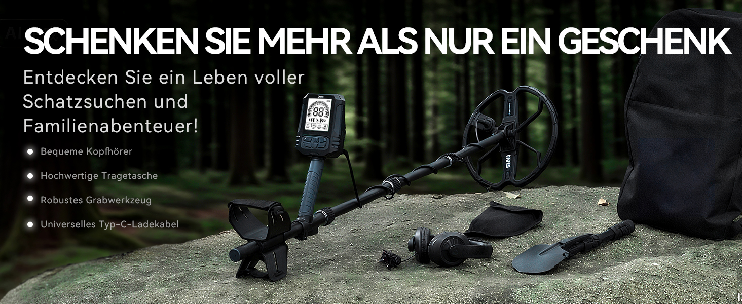 Металошукач SUNPOW для дорослих – водонепроникний, з лопатою, рюкзаком та навушниками, IP68, 11' Dual-D, 35h Li-Akku, 10 рівнів чутливості, 4 режими пошуку, 7-Metall ID, A-Schwarz