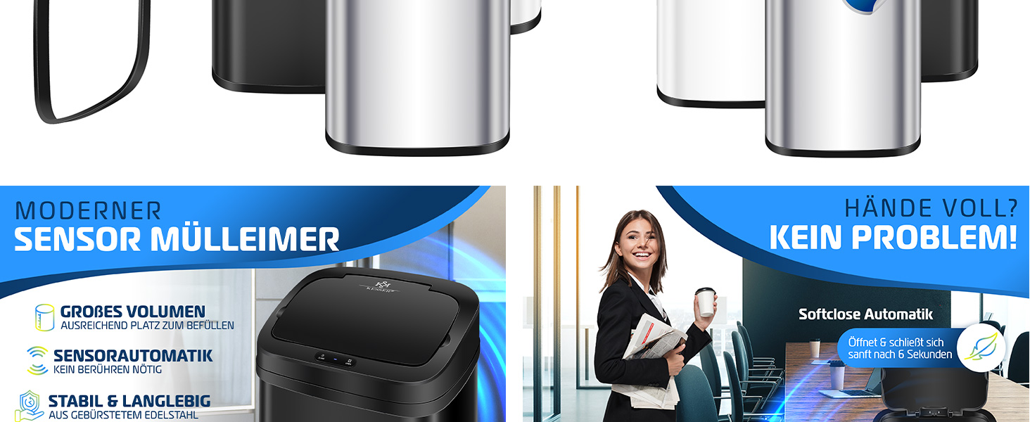 Відро для сміття KESSER® Sensor 40 л з автоматичним відкриванням, сенсором руху, м'яким закриванням кришки та LCD-дисплеєм. Нержавіюча сталь, з тримачем для мішка.