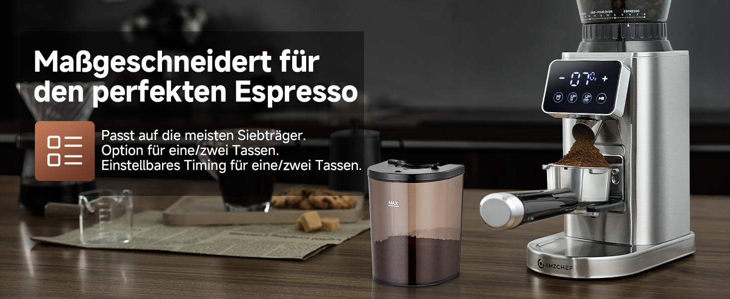 AMZCHEF Електрична кавомолка з регулюванням помелу для еспресо, drip, pour over, cold brew та French press | Срібна