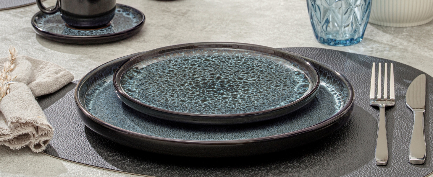 Набір посуду SÄNGER Manila 24 частини: 6 тарілок, 6 сніданок, 6 глибоких тарілок, 6 мисок для пасти, блакитний з чорним обідком, кераміка для 6 осіб