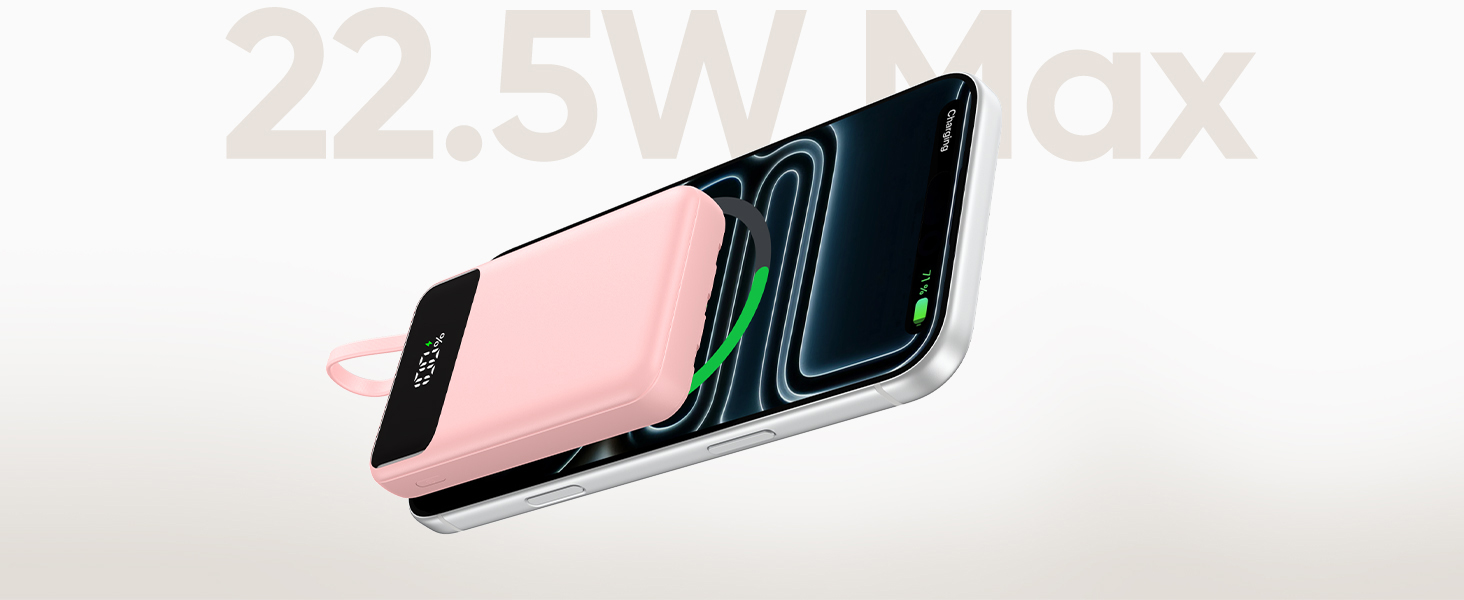 Компактний зовнішній акумулятор ADDTOP 20000mAh з 4 вбудованими кабелями, швидка зарядка 22.5W, рожевий