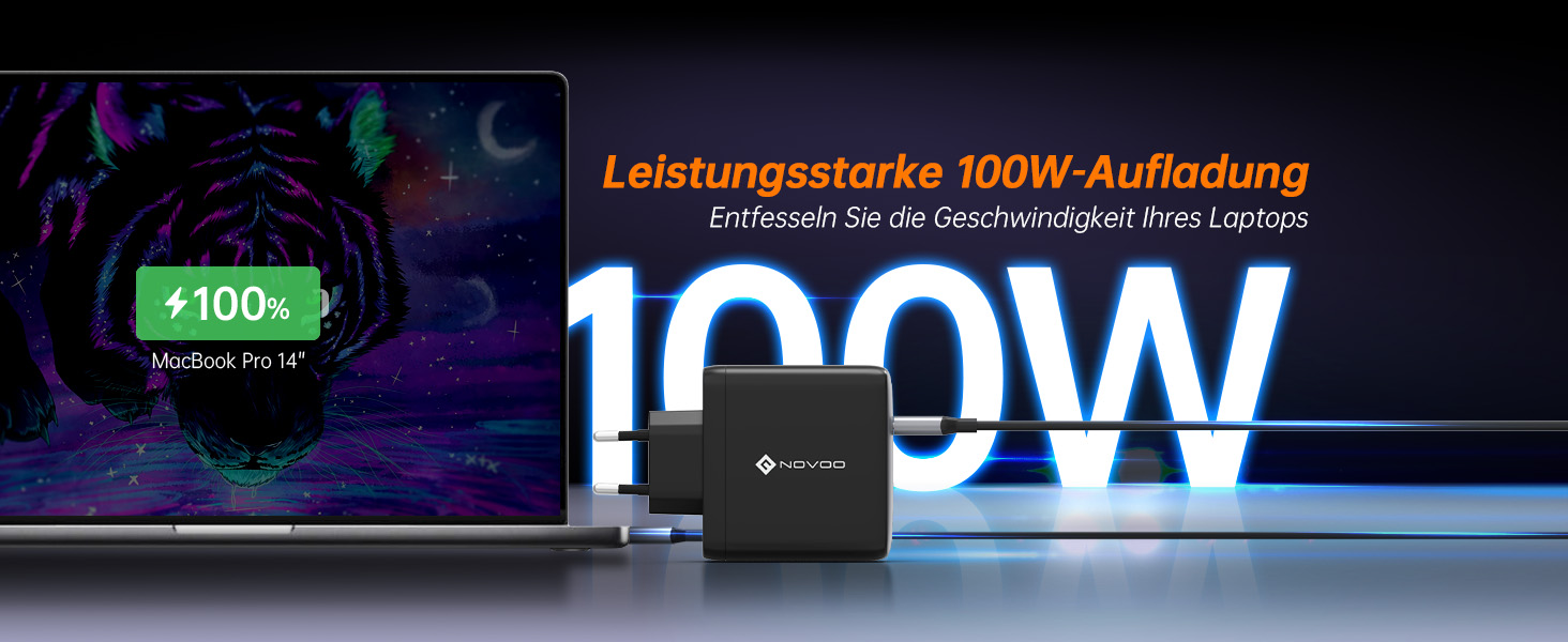 Зарядний пристрій USB-C 67W NOVOO GaN III 3-порти, швидка зарядка для MacBook, iPad, Pixel, Samsung, iPhone, Steam Deck (Чорний)