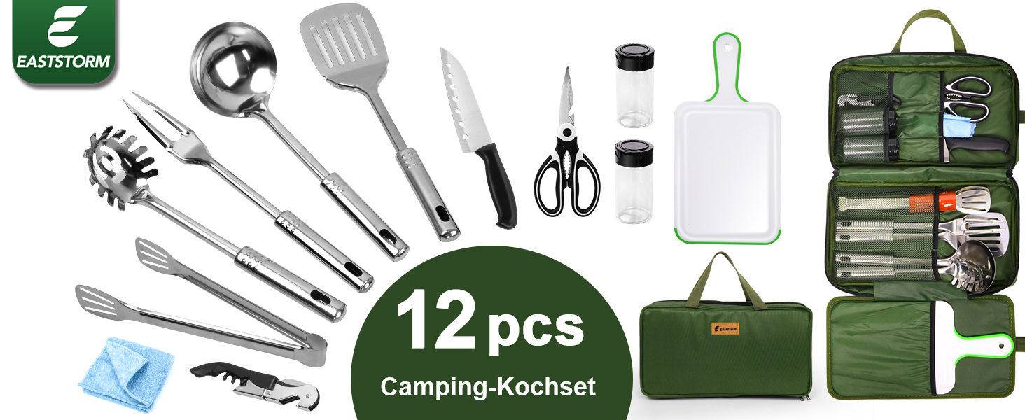 Набір кухонних аксесуарів для кемпінгу Eaststorm з водонепроникною сумкою. Підходить для кемпінгу, альпінізму, походів. Компактний та портативний. Темно-зелений колір.