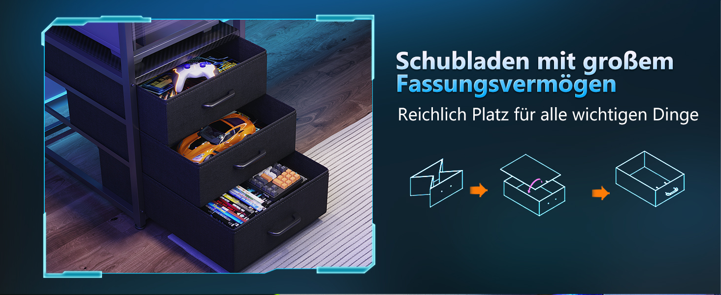 Ігровий стіл Coleshome з шухлядами 151x50 см, LED-підсвічуванням та розеткою. Комп'ютерний стіл з полицями та підставкою для монітора, карбонове волокно, чорний.