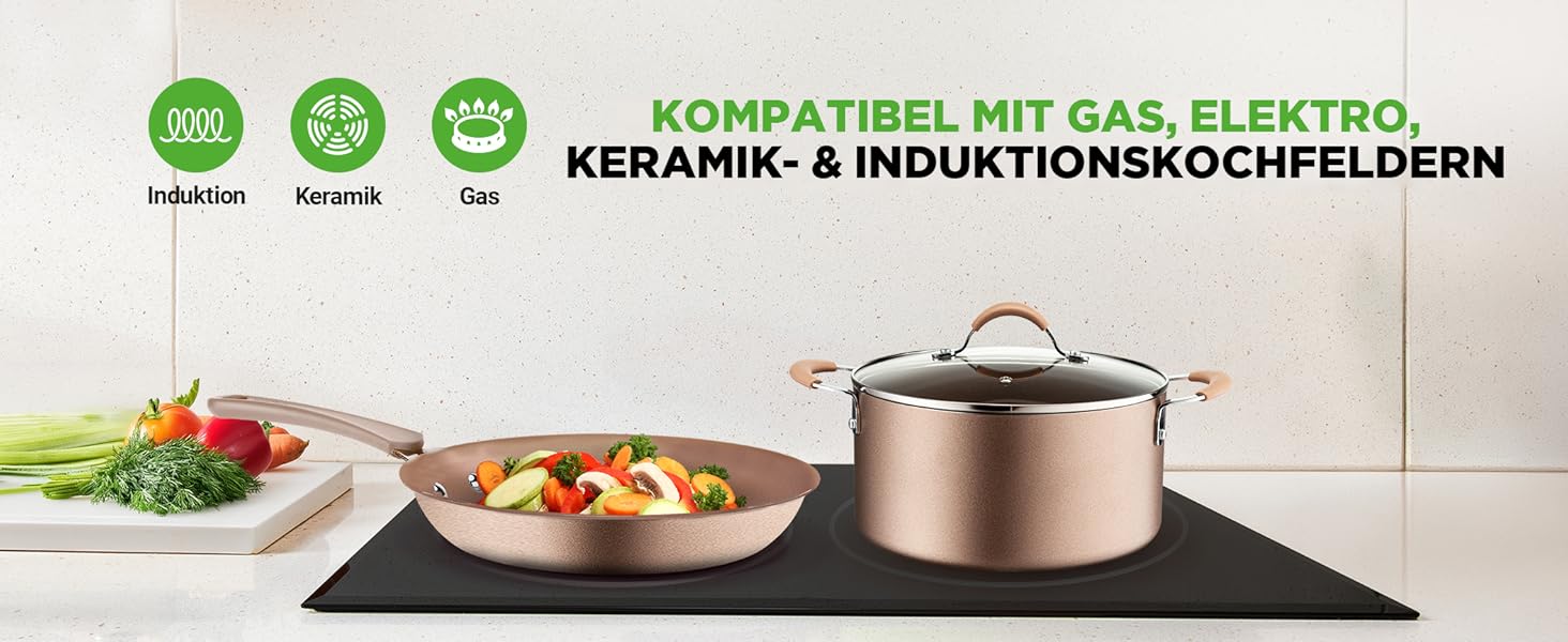 Набір посуду NutriChef для індукції та всіх типів плит, 14 предметів, антипригарне покриття без PFOA/PFOS, сталь та алюміній, золотий