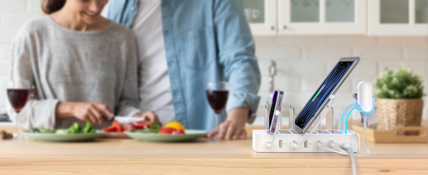 Зарядна станція SooPii USB 60W/12A, 6 портів з PD 20W для iPhone/Samsung, тримач для Apple Watch, 6 кабелів у комплекті - біла