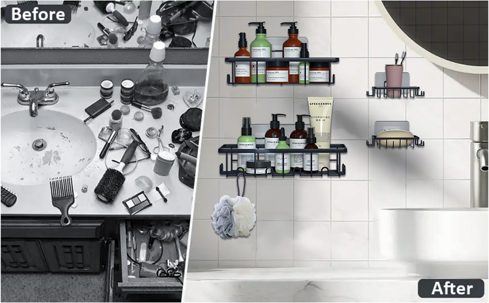 Набір з 6 полиць для душу без свердління, чорний колір, полиця для ванної кімнати з мильничкою, гачки з нержавіючої сталі SUS304, тримач для шампуню, органайзер для кухні/ванної кімнати/автобуса