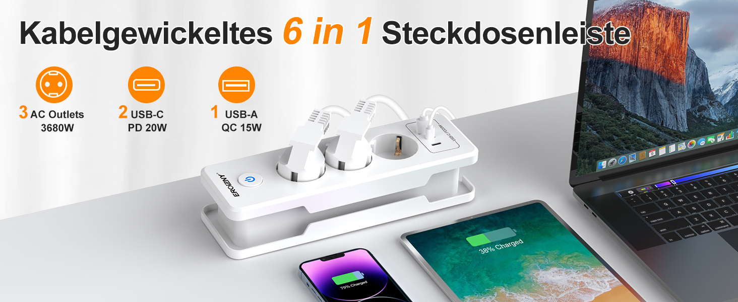 Мережевий адаптер з 2 USB-C (PD 20W) та 1 USB-A, 3 розетки з вимикачем, захист від перенапруги, компактний, для подорожей, 1,5м кабель. Мережева планка з 3 USB-портами