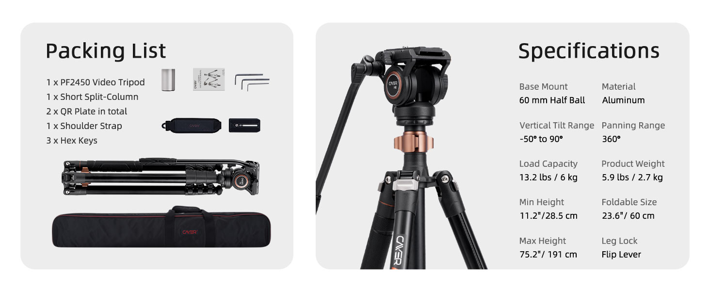 Штатив відео Cayer FP2450 з плинною головкою, 75 дюймів, алюміній, 4 секції, компактний, перетворюється на монопод, для DSLR, до 6 кг