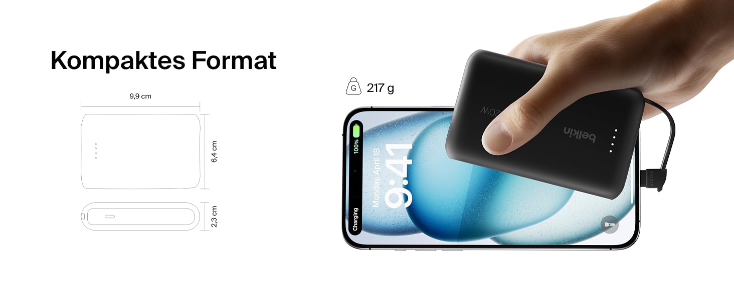 Повербанк Belkin BoostCharge 10000mAh 20W з вбудованим кабелем USB-C, LED-індикатором, чорний