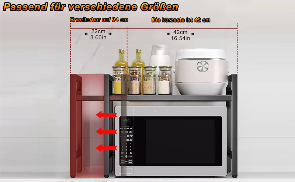 Розширювана полка для мікрохвильової печі, 2 яруси з 6 гачками, телескопічна полка для кухні 42-64 см, органайзер для спецій та кухонного приладдя (Чорний)