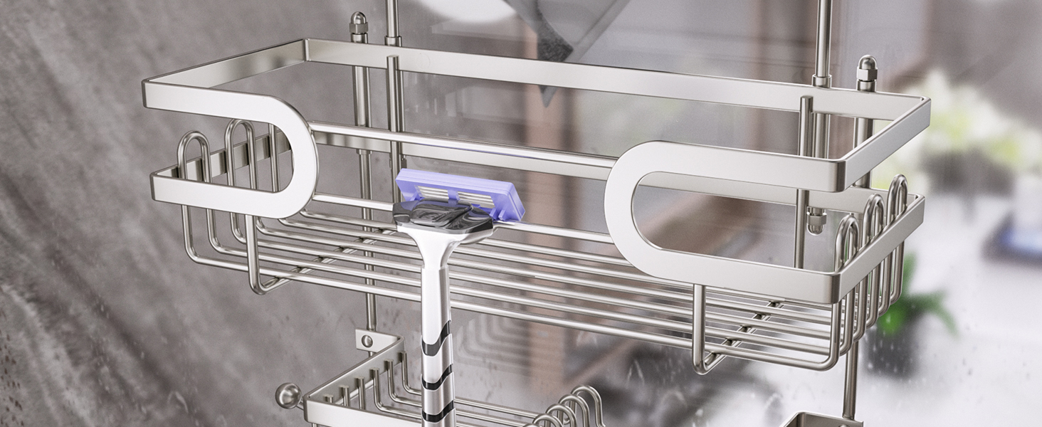 Настінна поличка для душу SWTYMIKI з нержавіючої сталі, сірого кольору - 2 корзини, 2 мильниці, 14 гачків