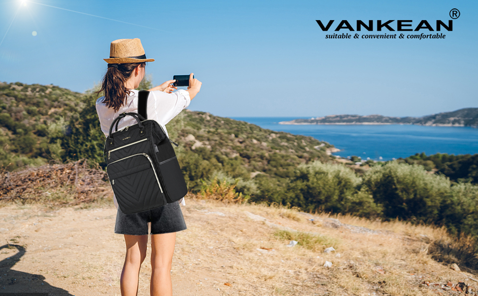 Рюкзак для ноутбука Vankean для жінок 15.6-16.2 дюймів з USB-портом, водонепроникний, для роботи/школи/подорожей, квітковий дизайн (стьобаний чорний)