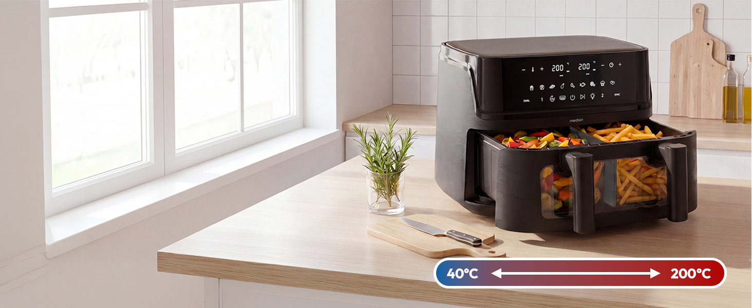 Аерофритюрниця з двома камерами MEDION P25 XXL Flex M, 10.8 л, без PFAS, чорна
