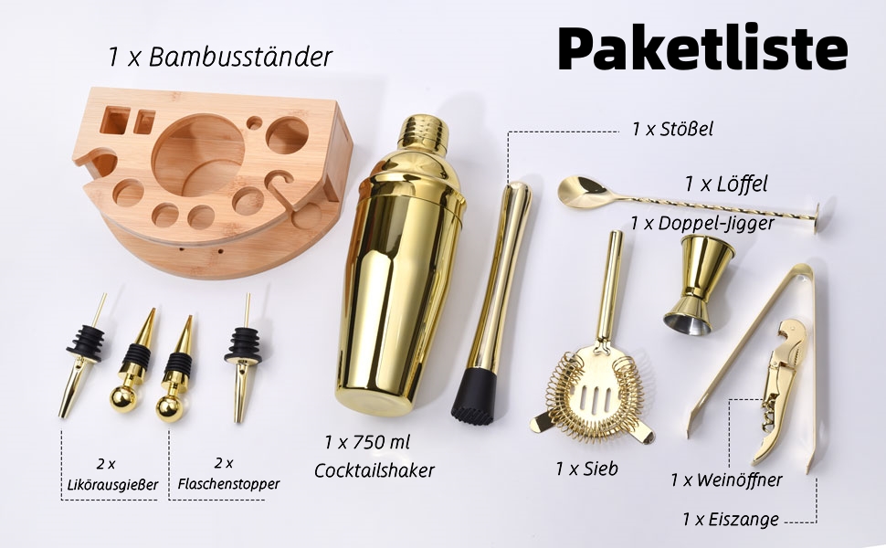 Набір шейкер для коктейлів Esmula 750 мл, 12 предметів, нержавіюча сталь, барменський аксесуар, подарунок для чоловіків та жінок, з книгою рецептів (Золотий)