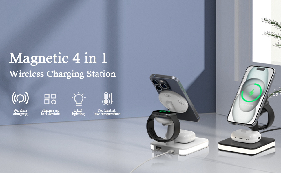 Бездротовий зарядний пристрій 4-в-1 з підсвічуванням та USB-портом для Apple iPhone, iWatch, AirPods (Чорний)