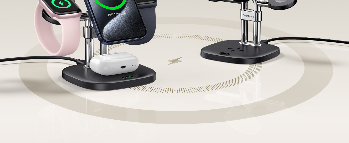 Зарядний пристрій SwanScout 709M Black: Двопортова зарядка для Apple Watch та iPhone (11/Ultra 3/SE 3, Air/17 Pro Max/17 Pro/17/16/15/14)