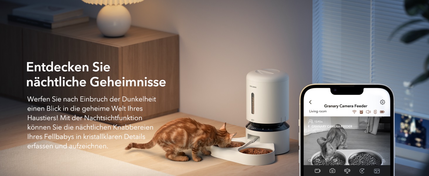 Автомат годування котів PETLIBRO 5л з 2 мисками та камерою 1080P, WiFi, нічне бачення, сповіщення та тримач для сухого корму для кількох котів (білий)
