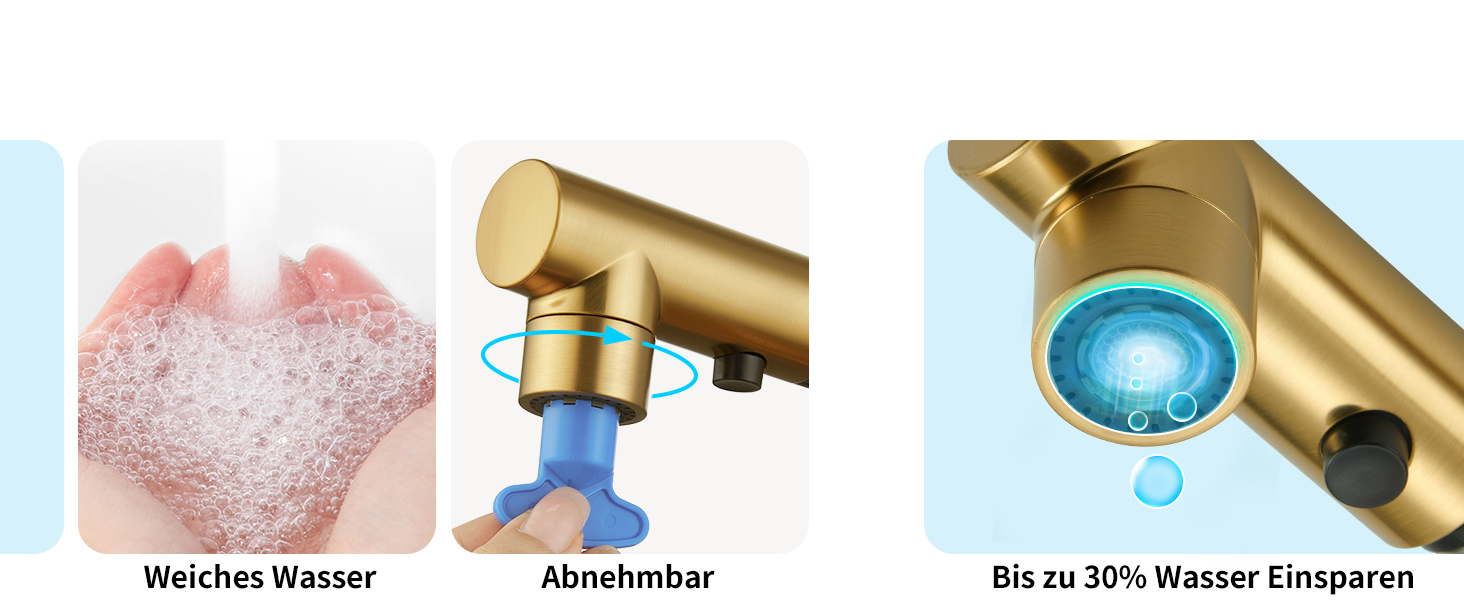 Кран кухонний CREA з 3 функціями: душ, висувний вилив, поворот на 360°, матовий золотий