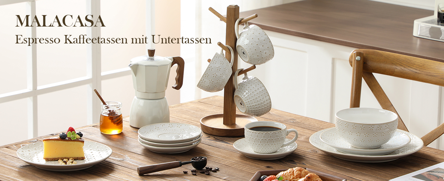 Набір кавових чашок MALACASA з блюдцем, 8 шт. (4 персони), кавовий сервіз з порцеляни, об'єм 180 мл, для кави, чаю, десертів, бежевий