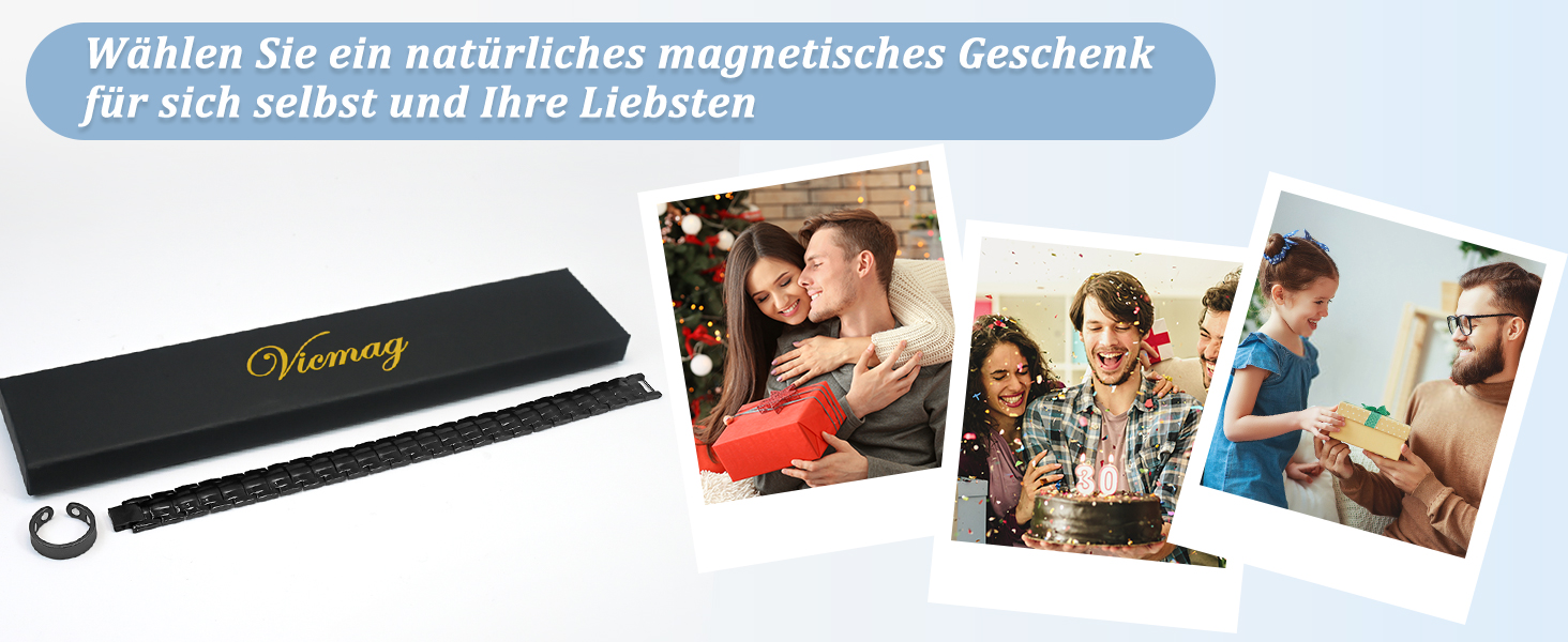 Браслет магнітний чоловічий Vicmag з титанової сталі, подвійна лінія магнітів, регульований, з інструментом та подарунковою коробкою (Чорний, 4 елементи)