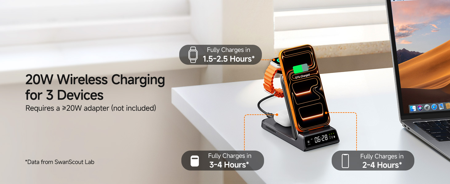 Бездротова зарядка 3-в-1 SwanScout 703A для iPhone 12/13/14/15/16/17, Apple Watch 7/8/9/10/11/Ultra, AirPods Pro 3 – Чорна