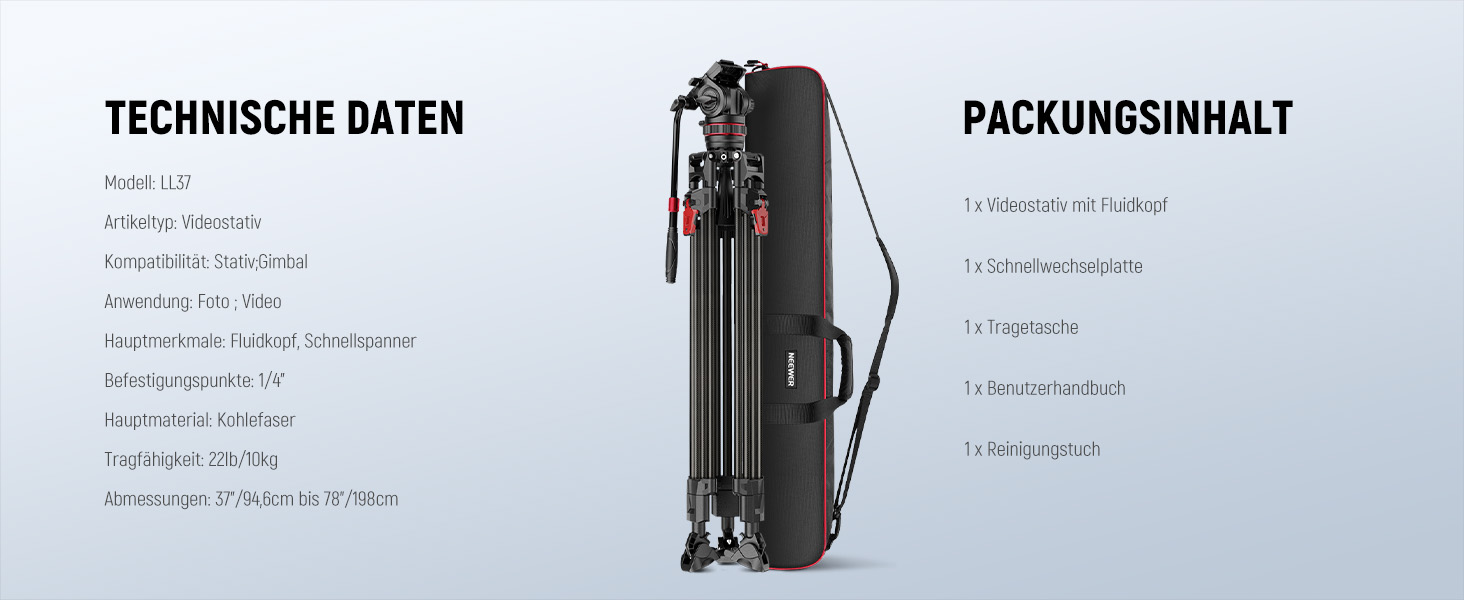 NEEWER Штатив відео 74' Pro з Fluid-головкою, QR-платформа, сумісний з DJI RS, для DSLR, максимальне навантаження 8 кг, LL37 (з серветкою)