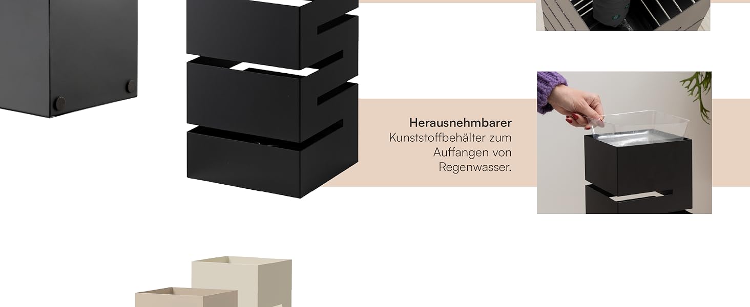 Підставка для парасольки Baroni Home з сучасним дизайном, метал, геометрія, з гачками та знімним піддоном, чорний, 15,5x15x49 см