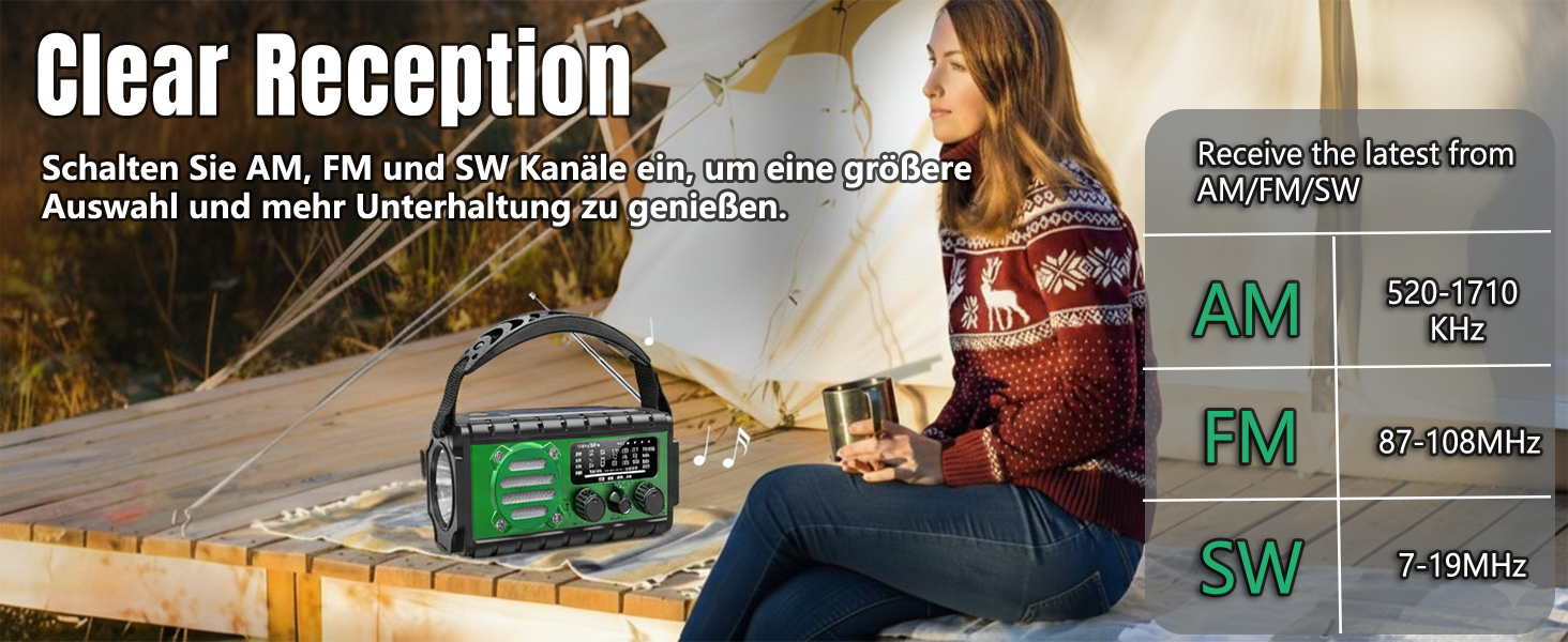 Радіо на сонячній батареї Solar Kurbelradio 20000mAh: FM/AM/SW, ліхтарик, зарядка USB, SOS-сигнал, для кемпінгу та надзвичайних ситуацій (зелене)