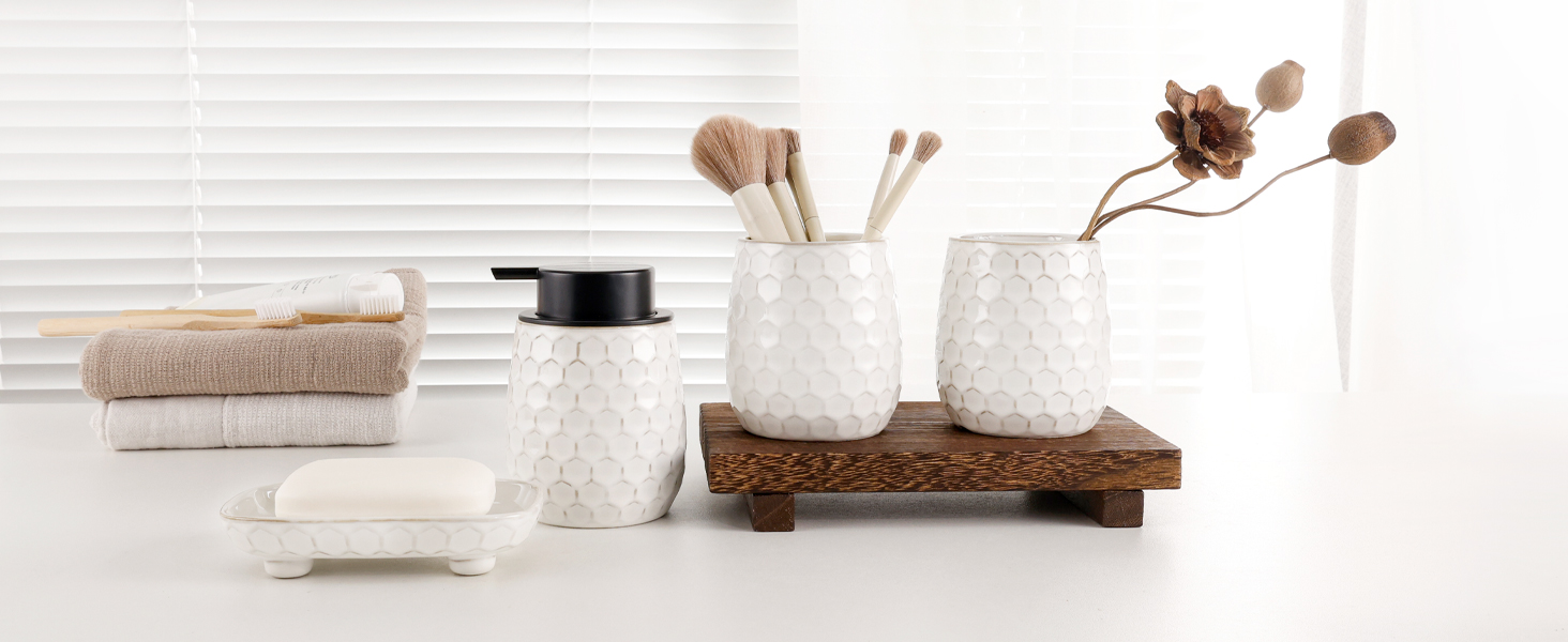 Набір для ванної кімнати: органайзер з кераміки (4 шт.) - дозатор мила 400 мл, стакан для зубної щітки, мильниця, декор преміум-якість (бежевий)