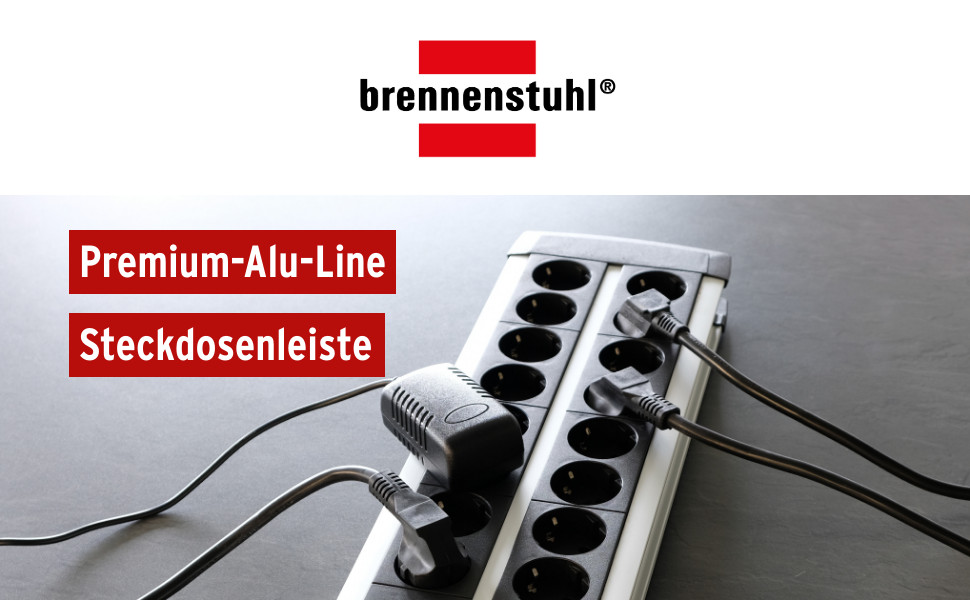 Бренненштуль Розподільник розеток Premium-Alu Line 12 розеток з алюмінію (з 2 вимикачами по 6 розеток, кабель 3м, Made in Germany)