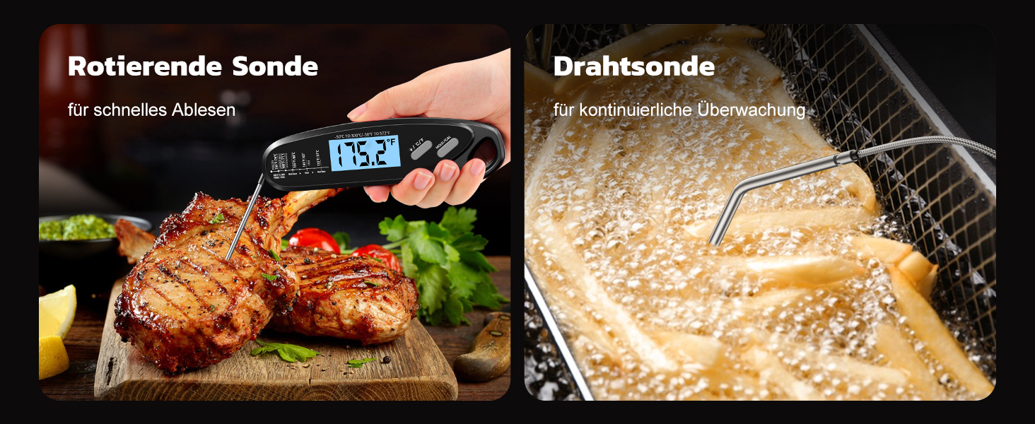 Термометр для м'яса Babacom з миттєвою індикацією та двома зондами, термометр для запікання з налаштуванням тривоги та калібруванням, термометр для гриля для кухні, духовки, цукру, рідин, BBQ, чорний