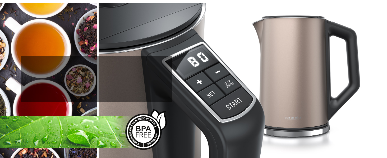 Набір Arendo: чайник та тостер, нержавіюча сталь, бежевий. Чайник 1,5л з підігрівом, тостер на 4 тости з LED-дисплеєм та 6 рівнями підсмажування