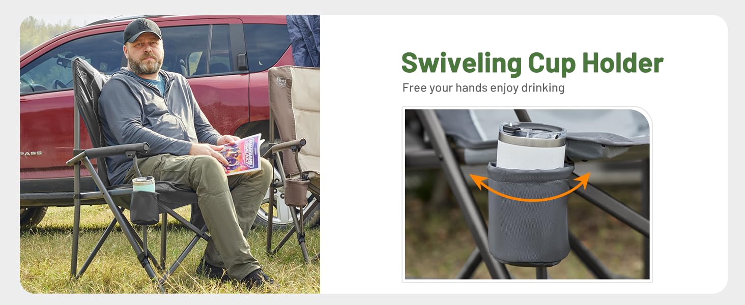 Крісло для кемпінгу Timber Ridge XXL, 230 кг, широке сидіння 62 см, висока спинка, підсклянник, міцні підлокітники для кемпінгу, пікніка, саду та балкону