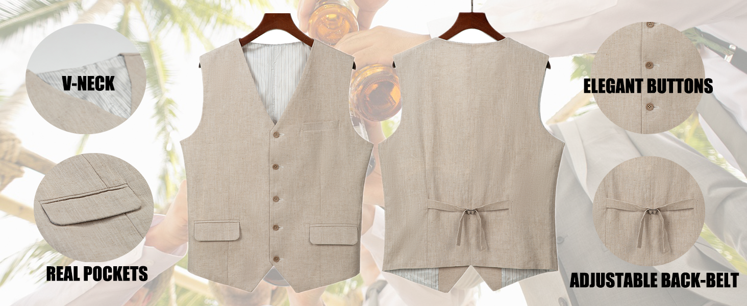 Елегантна жилетка для чоловіків Solovedress: літня жилетка з льону для весілля та свят, XXL, темно-синій