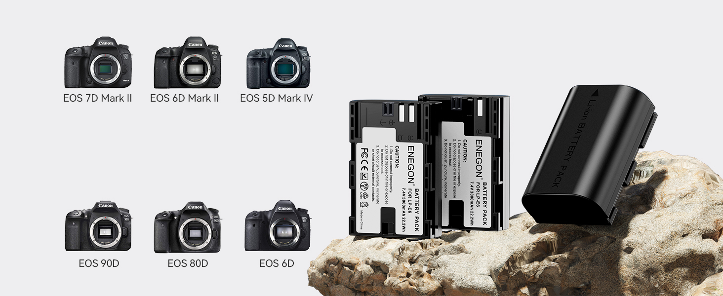 Акумулятор ENEGON LP-E6 (3x3000mAh) з зарядним пристроєм на 3 слоти LCD, сумісний з Canon EOS 5D, 5D Mark II, 6D, 7D, 60D, 70D, 80D, 90D, XC10, XC15