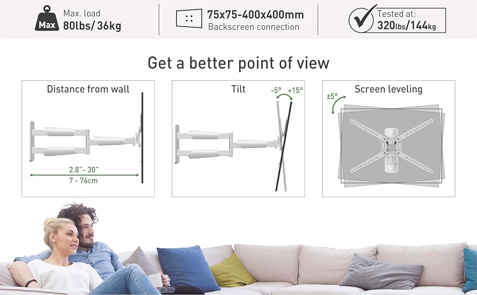 Настінне кріплення для телевізора Barkan 76 см, поворотне, для OLED, 13-65 дюймів, до 36 кг, VESA 400x400