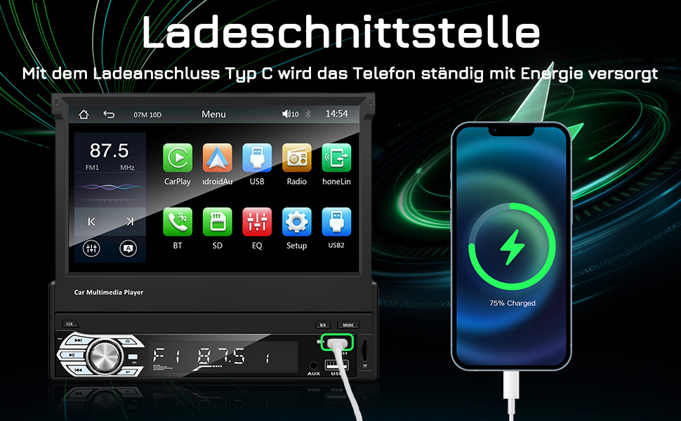 EZoneTronics 7-дюймове 1DIN автомагнітола з CarPlay/Android Auto, сенсорний екран, Bluetooth, підтримка SWC, Mirror Link, еквалайзер, FM/RDS, USB Type-C, AUX, TF-карта, камера заднього виду CW0013