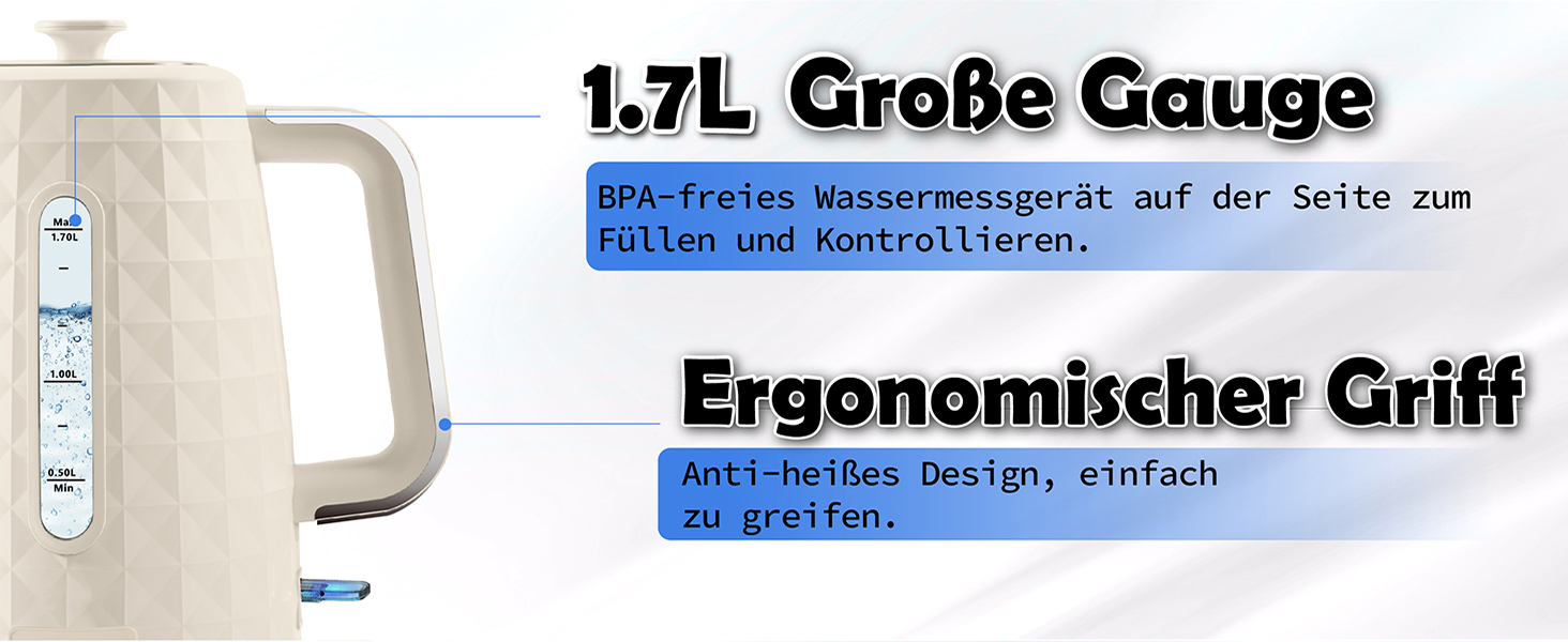 Електричний чайник 1.7л, 1850W, з автовимкненням та захистом від перегріву, для кави та чаю, Бежевий