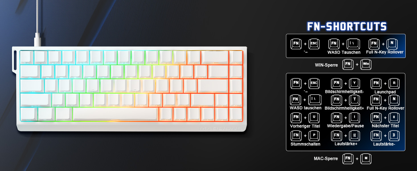 Механічна ігрова клавіатура YUNZII MADLIONS MAD68 з провідним підключенням, 60% розмір, Hall Effect перемикачі, регульована чутливість, PBT клавіші, RGB підсвічування, 8K polling rate (біла, перемикач Magnetic Amber Pro)