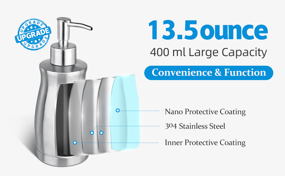 Дозатор для мила ARKTEK з нержавіючої сталі, 400 мл, 2 помпи, щітка, багаторазовий, для мила, шампуню, гелю для душу, миючого засобу, кухня, ванна кімната