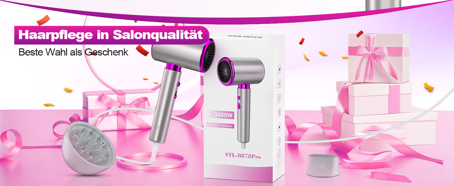 Іонний фен 2400W з холодним/гарячим режимом, 3 температури та 2 швидкості, дифузор та концентр, терморегуляція для дому, подорожей та салону краси