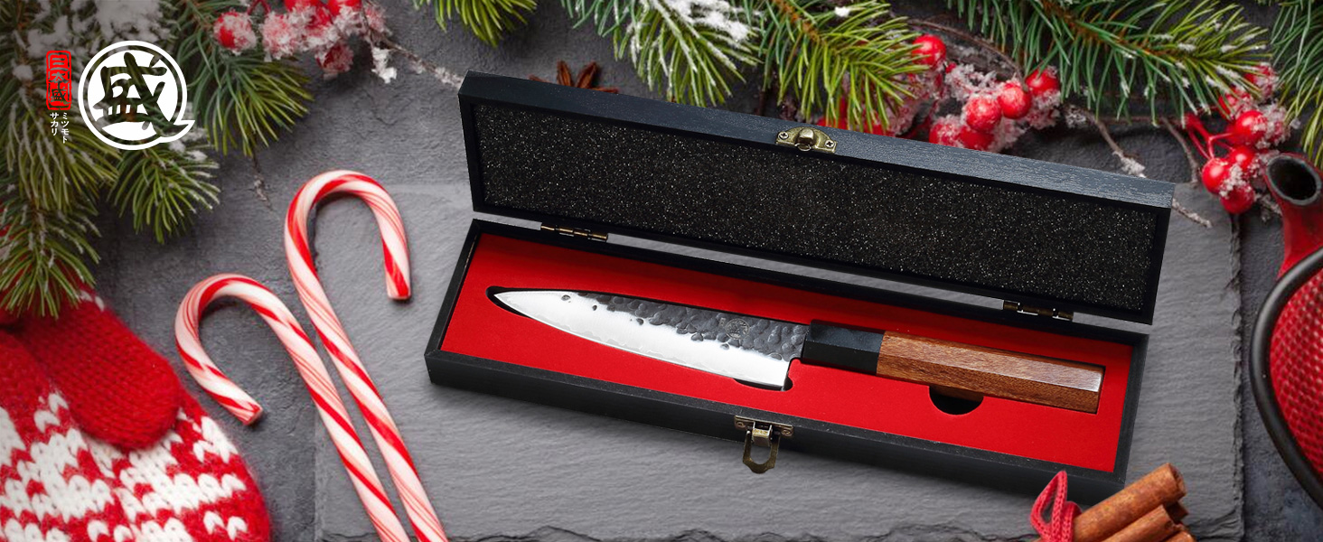 Японський ніж Santoku Mitsumoto Sakari 19 см з ручкою з рожевого дерева та дерев'яною коробкою, ніж для овочів 14 см