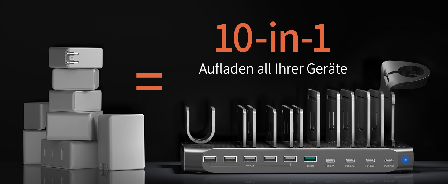 Зарядний пристрій Alxum 60W USB, 10 портів, 5V/2.4A, для телефонів, планшетів, Kindle, з регульованими перегородками, швидка зарядка QC 3.0, чорний