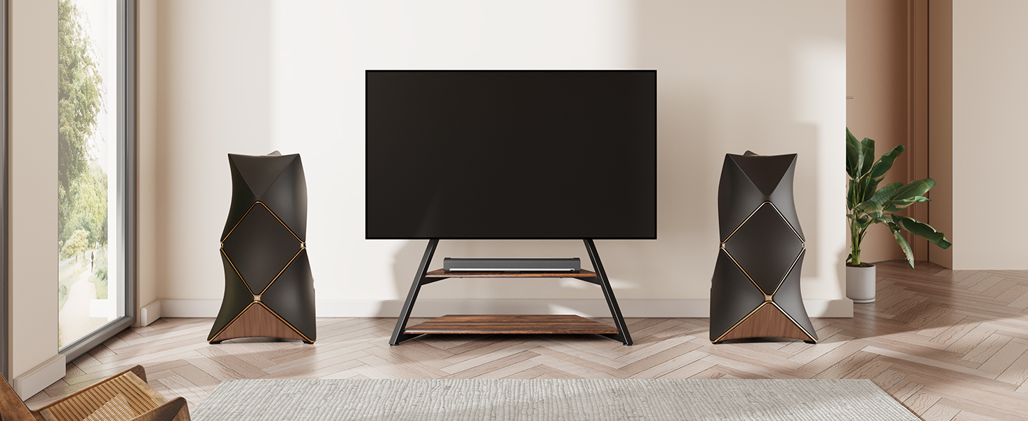 FITUEYES Modern TV Stand for 75-100 inch TVs - Adjustable Height, Swivel, Wood & Metal, Cable Management, VESA 800x600, Eiffel Series