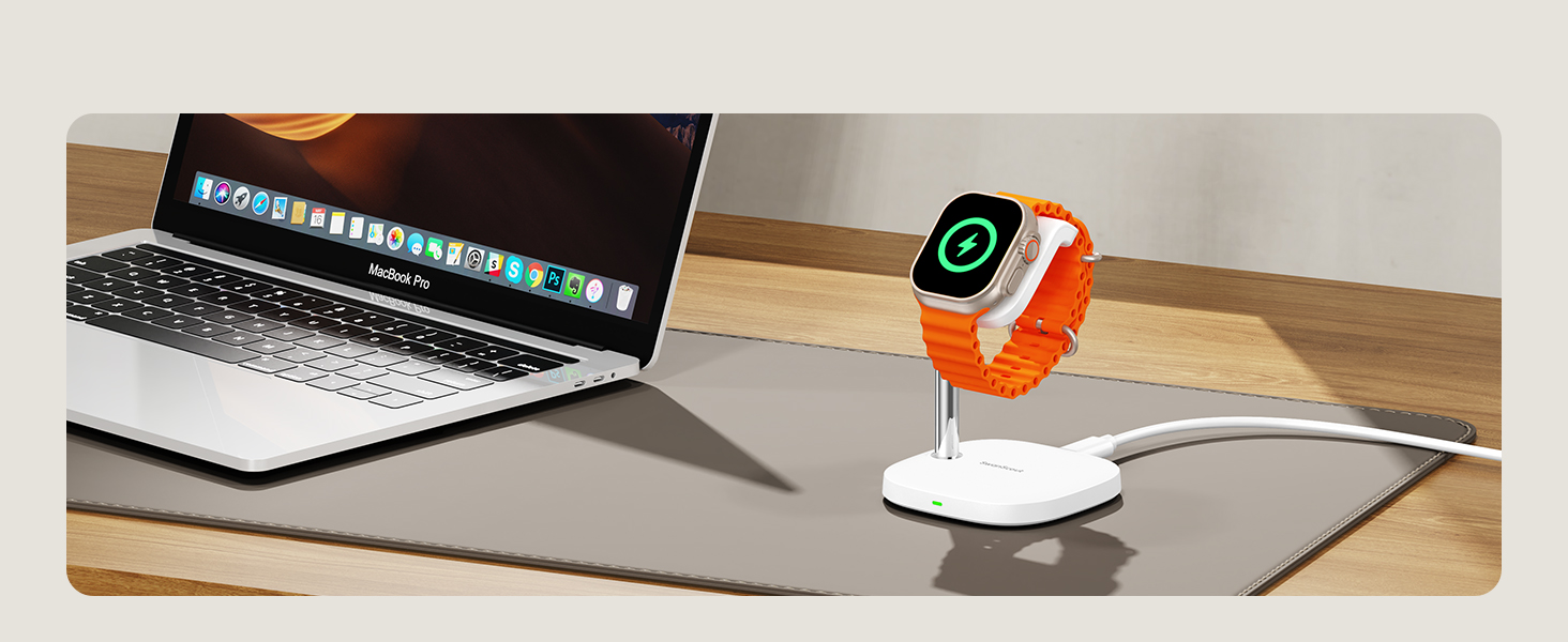 Зарядний пристрій для Apple Watch SwanScout 505A (Чорний): Підтримка всіх моделей (Ultra 3, SE 3, 11, 10, 9, 8, 7, 6, 5, 4, 3, 2, SE 2), Бездротова зарядка 5W, Регульований кут