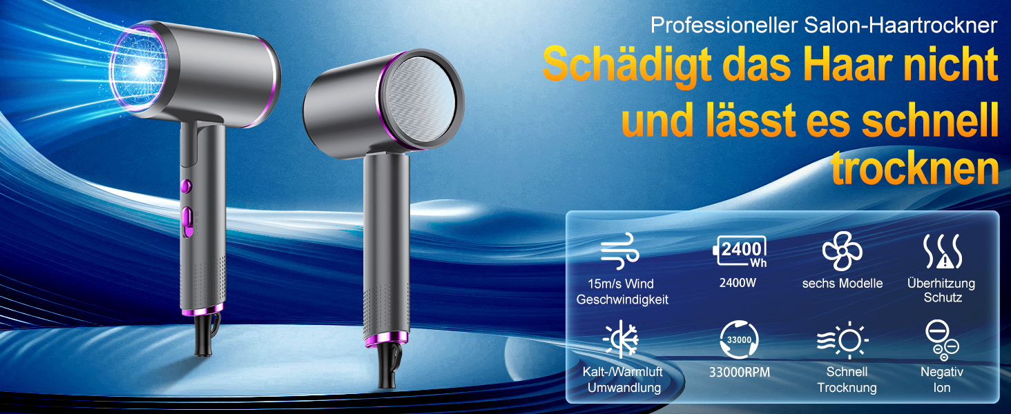 Фен Föhn 2400W з іонізацією, складний, для професійного та домашнього використання. Швидка сушка, гаряче/холодне повітря, мотор AC, дифузор, сумка (Сіро-фіолетовий)