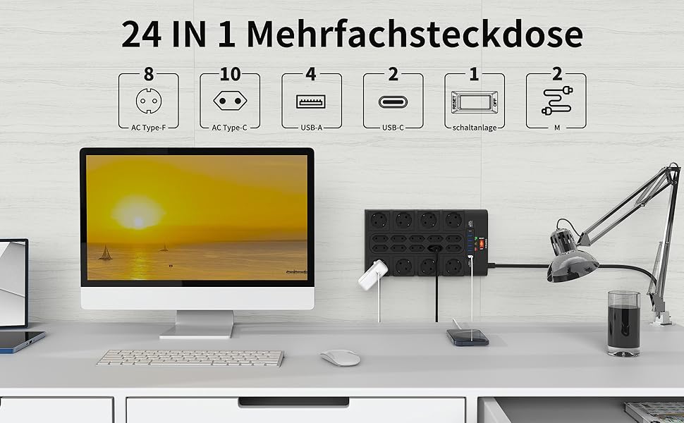 Многорозетка на 18 розеток з USB (4 USB-A, 2 USB-C), мережевий фільтр, 3680W, 2100J, 2 м кабель, для офісу та дому